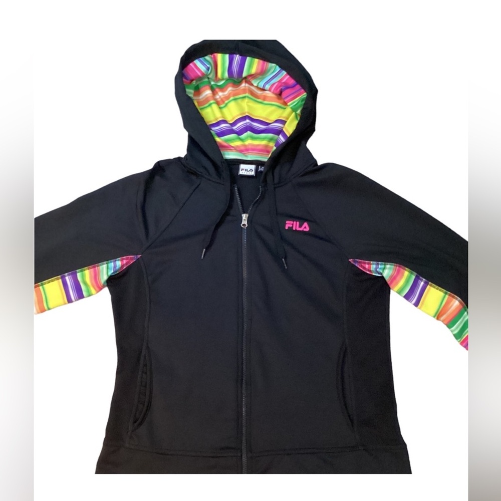 FILA Y2K zip up Hooded Track Jacket. Women’s size XL. Black with multi Stripes